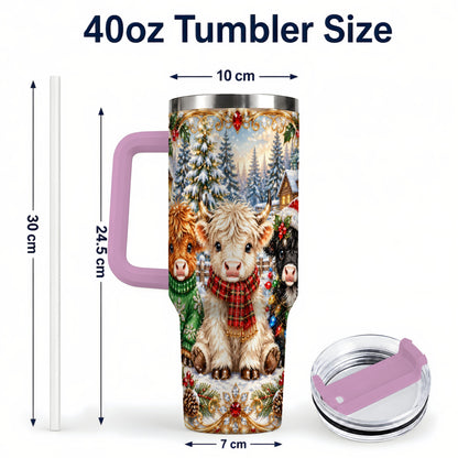 #pl[40oz|Pink] Jeweled Highland Cattle 40oz Tumbler with Handle, Winter Travel Cup