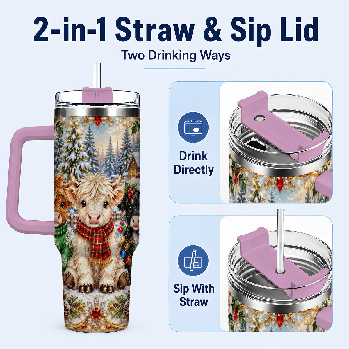 #pl[40oz|Pink] Jeweled Highland Cattle 40oz Tumbler with Handle, Winter Travel Cup