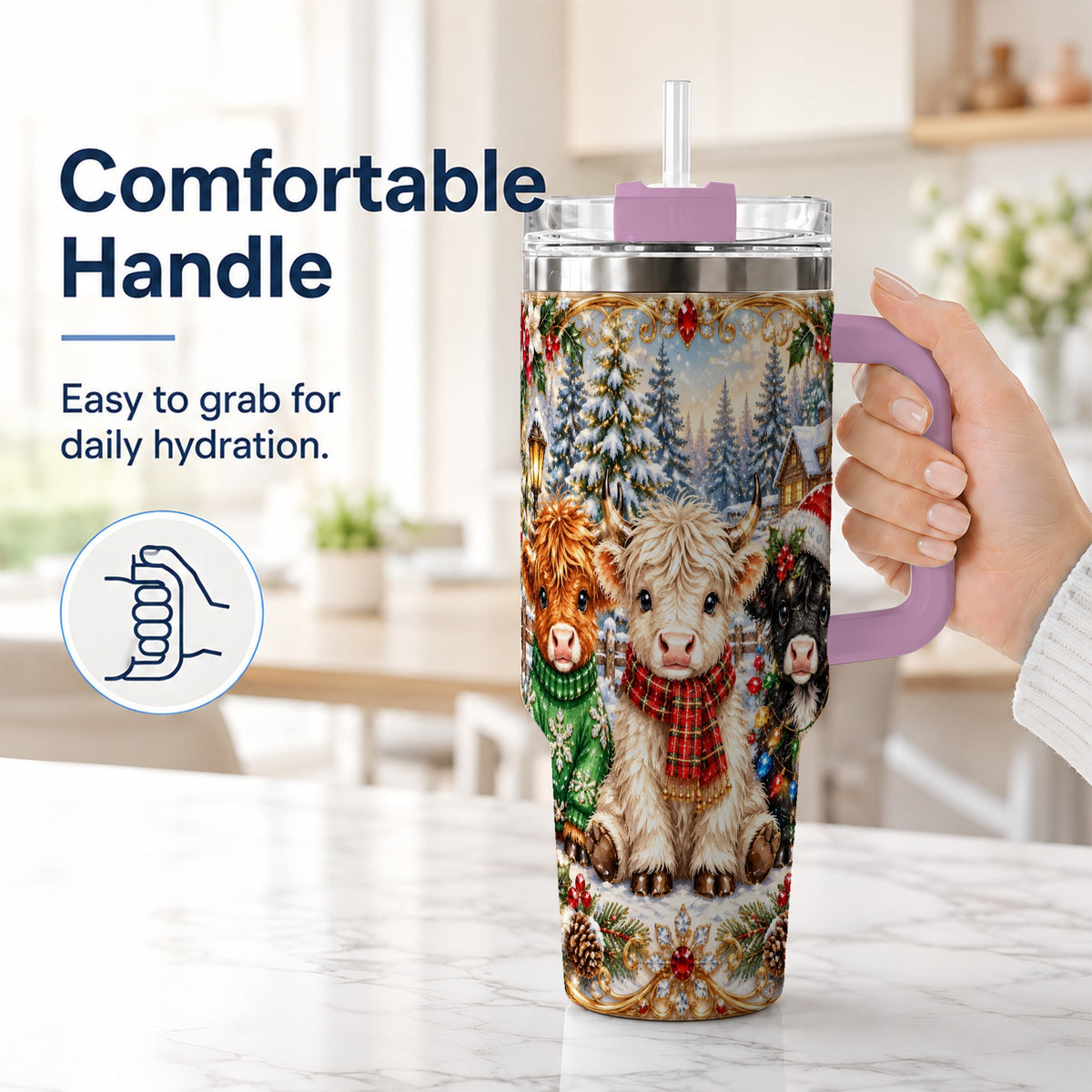 #pl[40oz|Pink] Jeweled Highland Cattle 40oz Tumbler with Handle, Winter Travel Cup