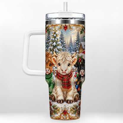 #pl[40oz|White] Jeweled Highland Cattle 40oz Tumbler with Handle, Winter Travel Cup