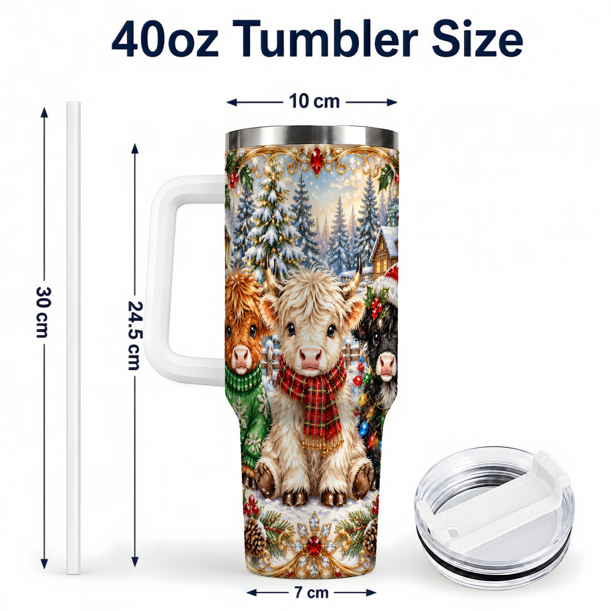 #pl[40oz|White] Jeweled Highland Cattle 40oz Tumbler with Handle, Winter Travel Cup