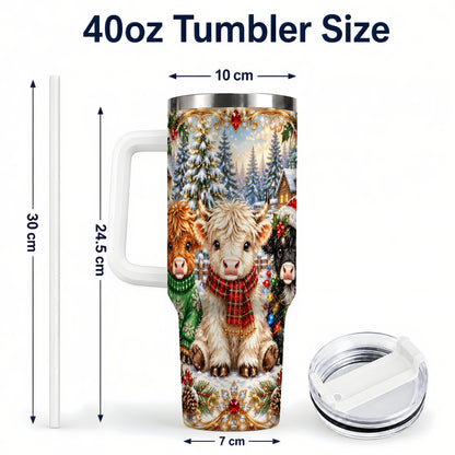 #pl[40oz|White] Jeweled Highland Cattle 40oz Tumbler with Handle, Winter Travel Cup