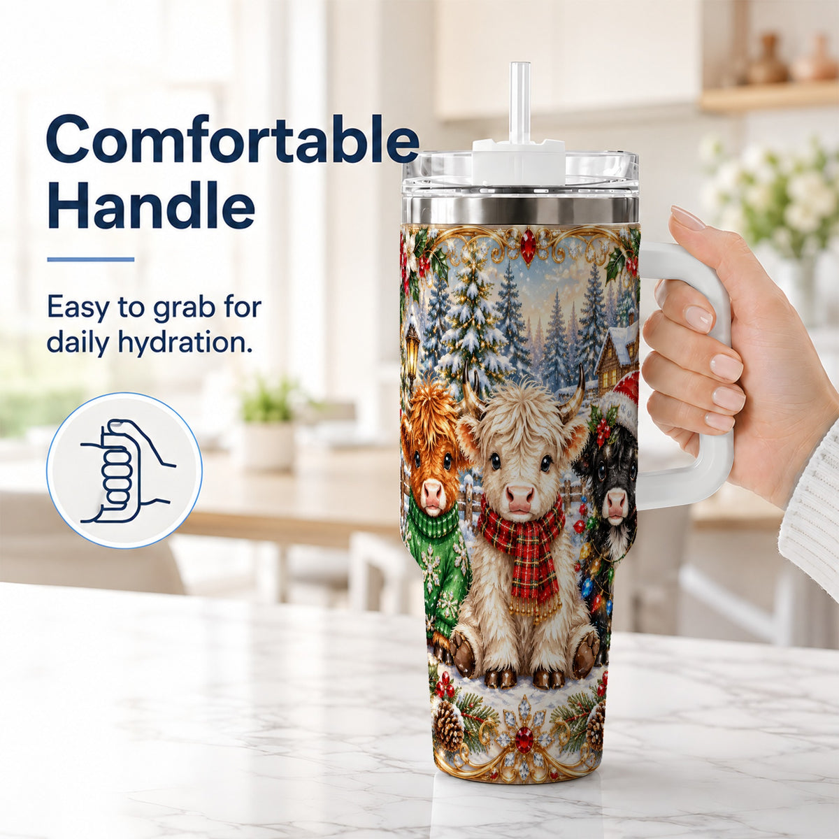 #pl[40oz|White] Jeweled Highland Cattle 40oz Tumbler with Handle, Winter Travel Cup