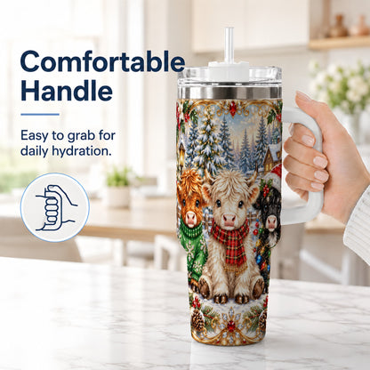 #pl[40oz|White] Jeweled Highland Cattle 40oz Tumbler with Handle, Winter Travel Cup