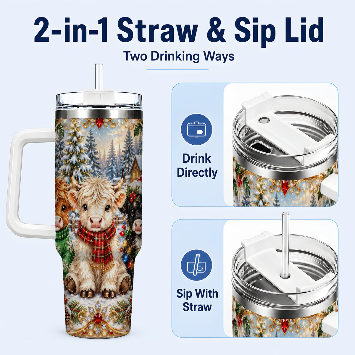 #pl[40oz|White] Jeweled Highland Cattle 40oz Tumbler with Handle, Winter Travel Cup