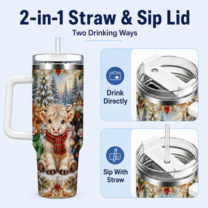 #pl[40oz|White] Jeweled Highland Cattle 40oz Tumbler with Handle, Winter Travel Cup