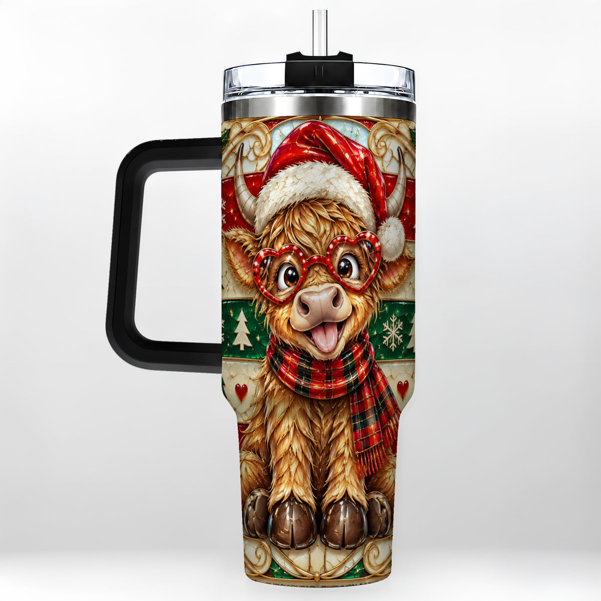 #pl[40oz|Black] Christmas Highland Cow 40oz Tumbler with Handle, Festive Travel Cup