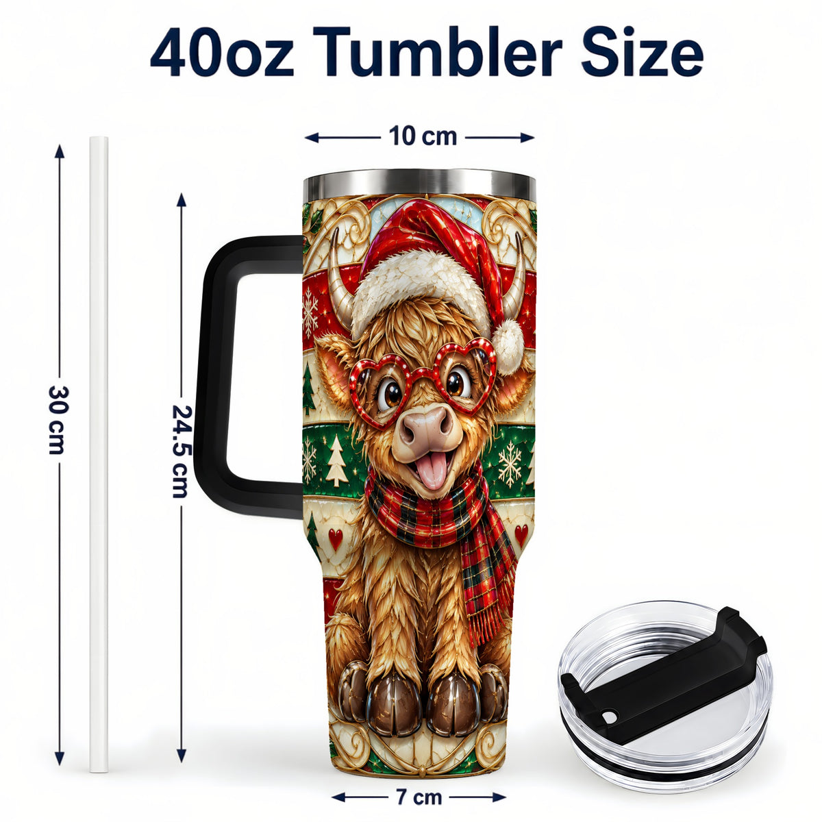 #pl[40oz|Black] Christmas Highland Cow 40oz Tumbler with Handle, Festive Travel Cup