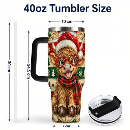 #pl[40oz|Black] Christmas Highland Cow 40oz Tumbler with Handle, Festive Travel Cup
