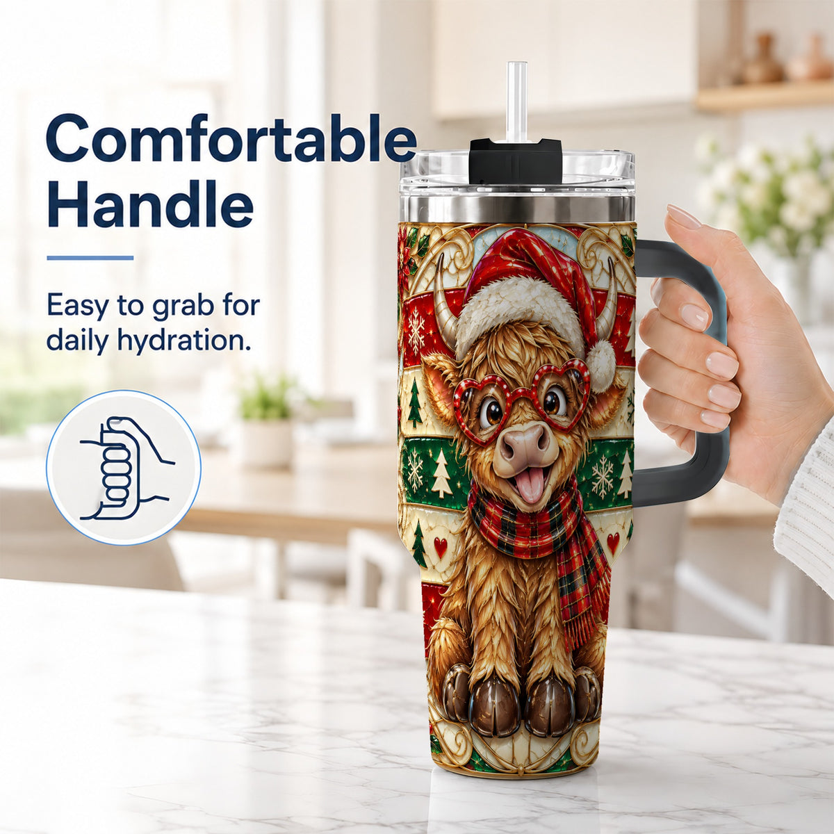 #pl[40oz|Black] Christmas Highland Cow 40oz Tumbler with Handle, Festive Travel Cup