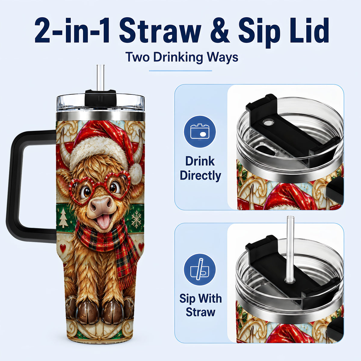 #pl[40oz|Black] Christmas Highland Cow 40oz Tumbler with Handle, Festive Travel Cup