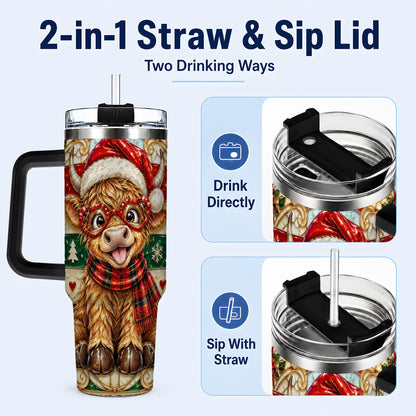 #pl[40oz|Black] Christmas Highland Cow 40oz Tumbler with Handle, Festive Travel Cup