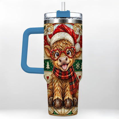 #pl[40oz|Blue] Christmas Highland Cow 40oz Tumbler with Handle, Festive Travel Cup