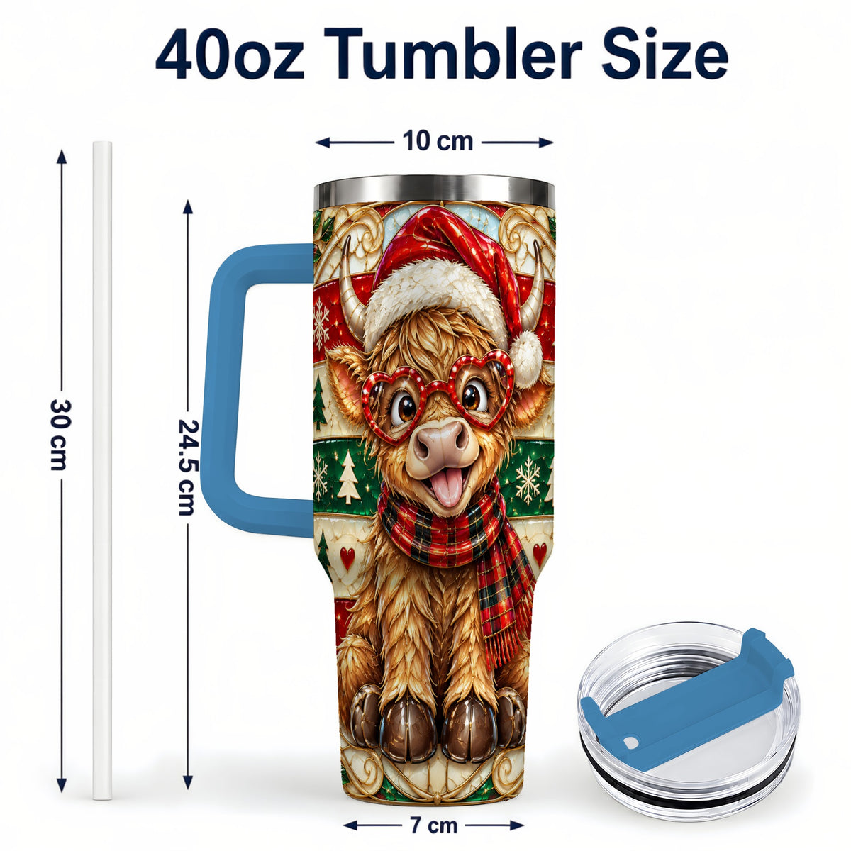 #pl[40oz|Blue] Christmas Highland Cow 40oz Tumbler with Handle, Festive Travel Cup