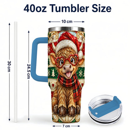 #pl[40oz|Blue] Christmas Highland Cow 40oz Tumbler with Handle, Festive Travel Cup