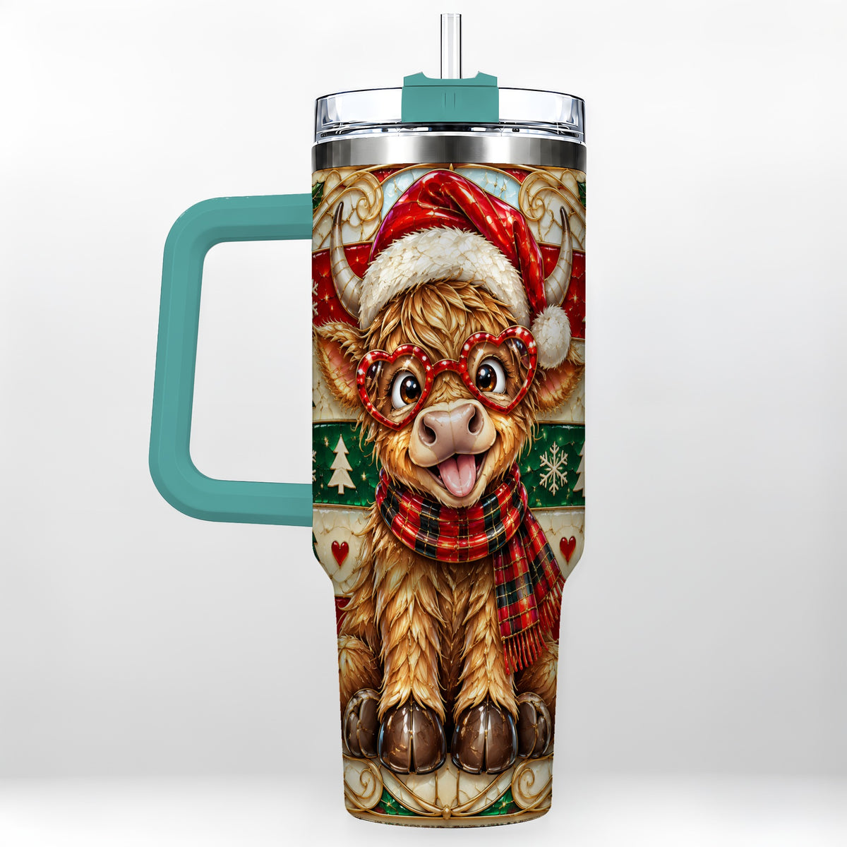 #pl[40oz|Green] Christmas Highland Cow 40oz Tumbler with Handle, Festive Travel Cup