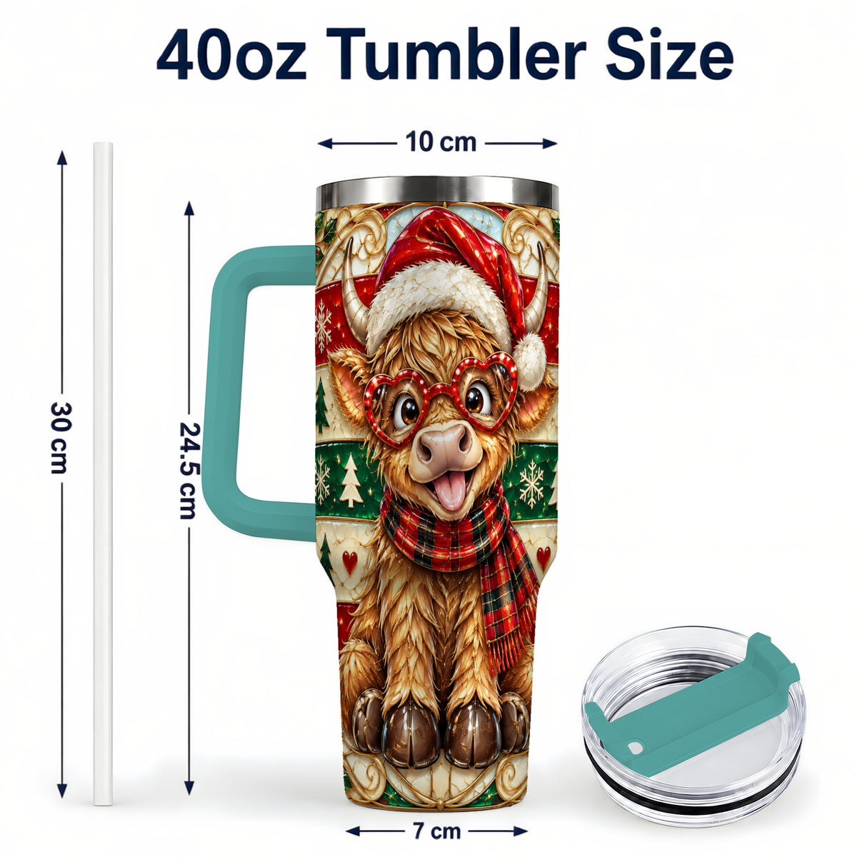 #pl[40oz|Green] Christmas Highland Cow 40oz Tumbler with Handle, Festive Travel Cup