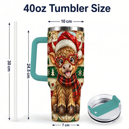 #pl[40oz|Green] Christmas Highland Cow 40oz Tumbler with Handle, Festive Travel Cup