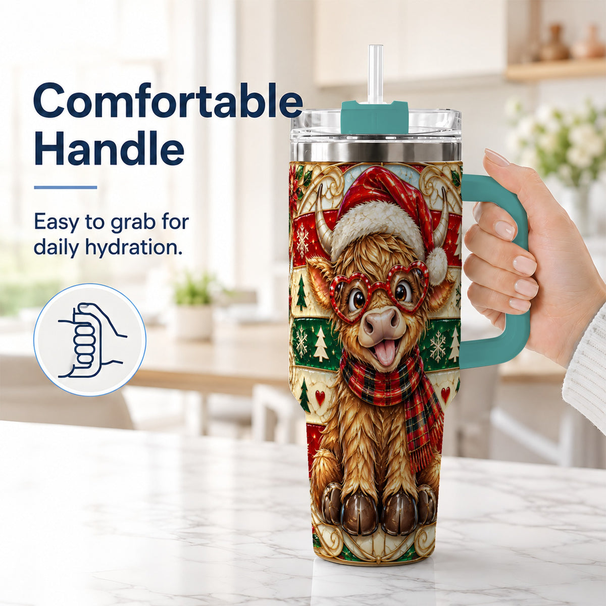 #pl[40oz|Green] Christmas Highland Cow 40oz Tumbler with Handle, Festive Travel Cup