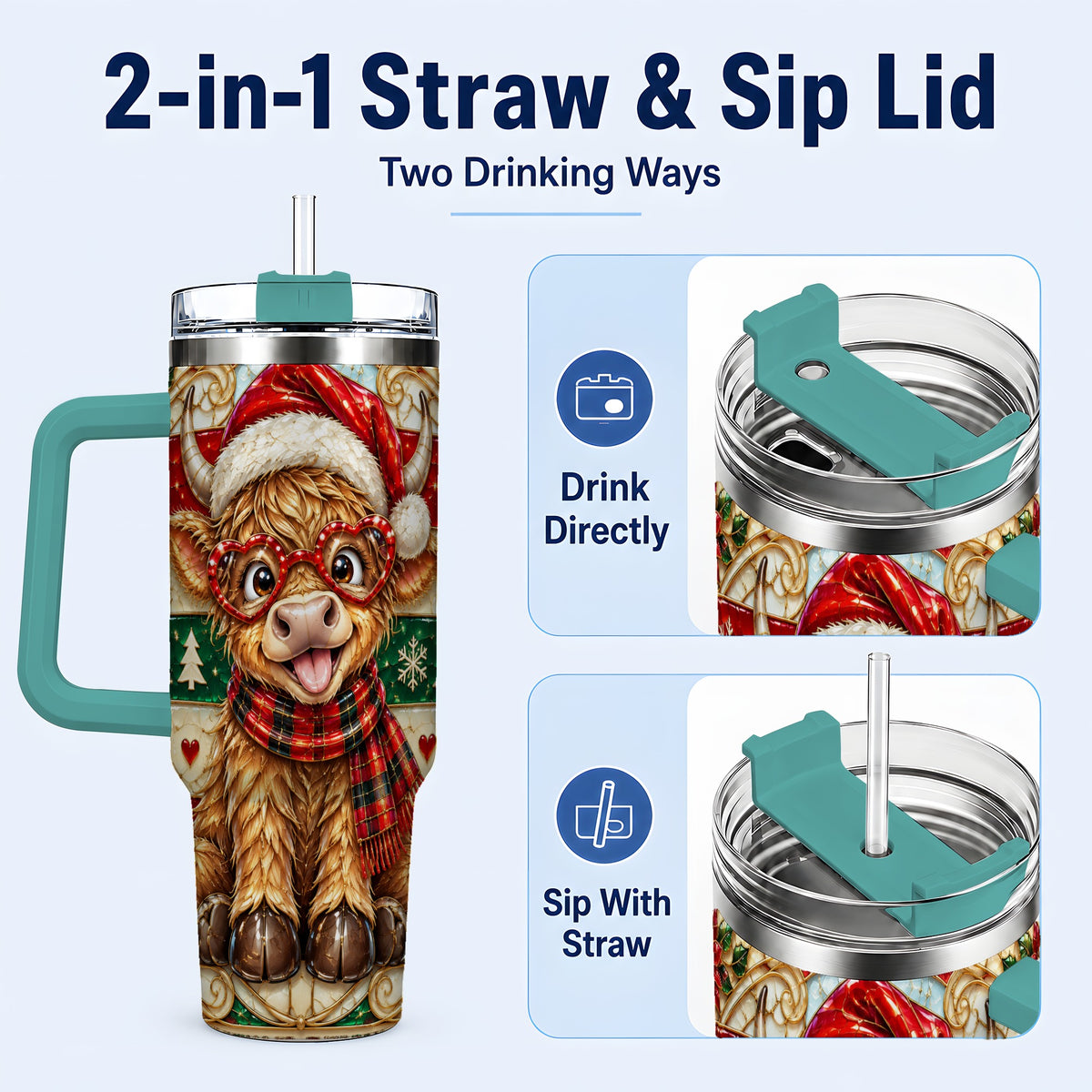 #pl[40oz|Green] Christmas Highland Cow 40oz Tumbler with Handle, Festive Travel Cup