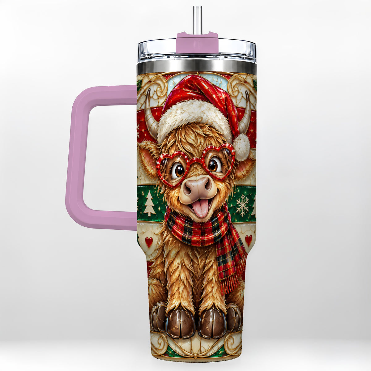 #pl[40oz|Pink] Christmas Highland Cow 40oz Tumbler with Handle, Festive Travel Cup