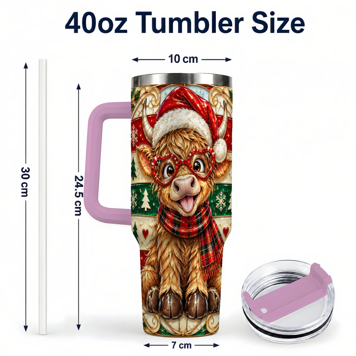#pl[40oz|Pink] Christmas Highland Cow 40oz Tumbler with Handle, Festive Travel Cup
