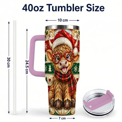 #pl[40oz|Pink] Christmas Highland Cow 40oz Tumbler with Handle, Festive Travel Cup