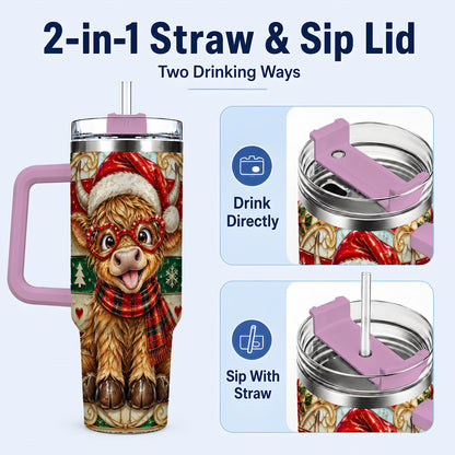 #pl[40oz|Pink] Christmas Highland Cow 40oz Tumbler with Handle, Festive Travel Cup