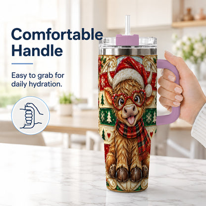 #pl[40oz|Pink] Christmas Highland Cow 40oz Tumbler with Handle, Festive Travel Cup