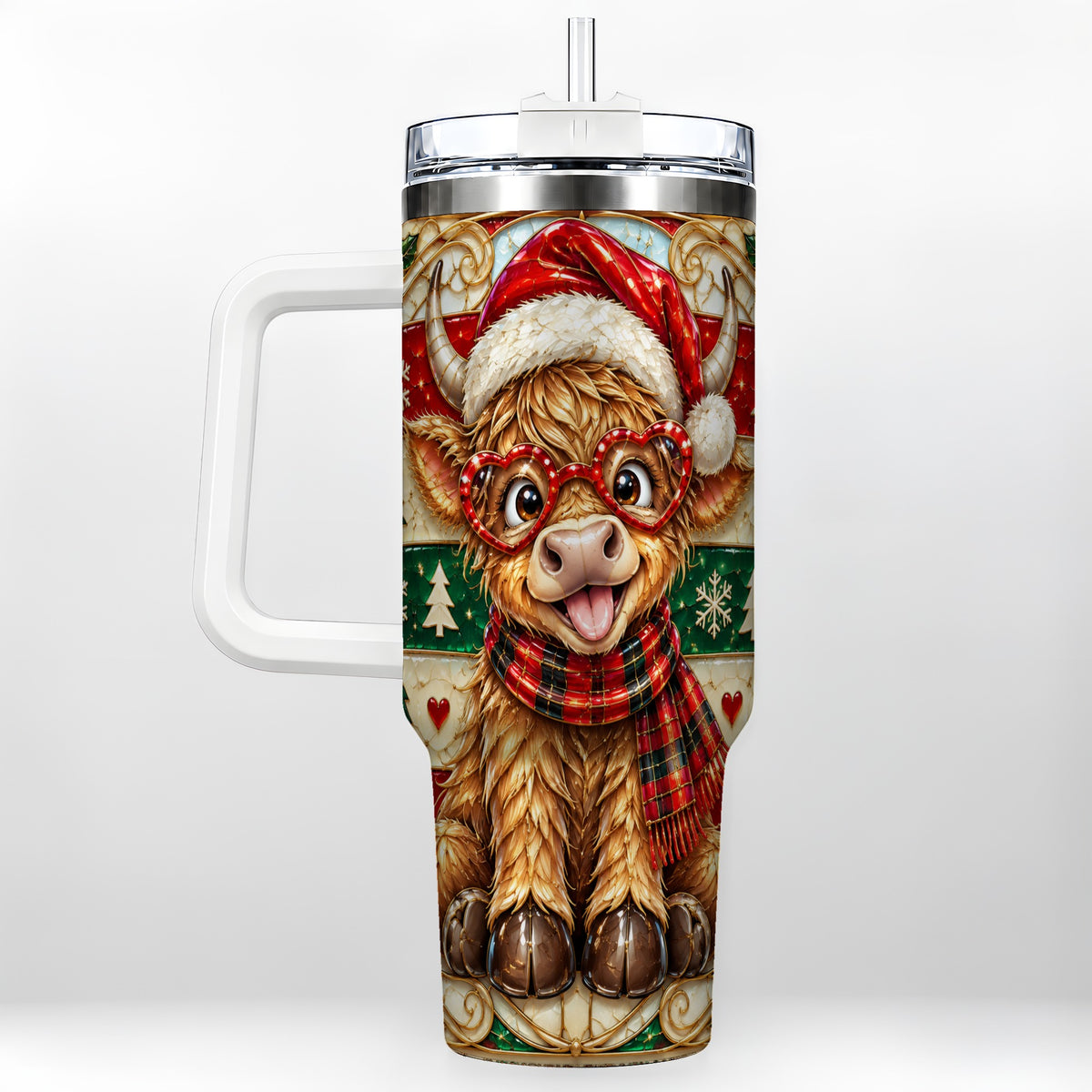 #pl[40oz|White] Christmas Highland Cow 40oz Tumbler with Handle, Festive Travel Cup