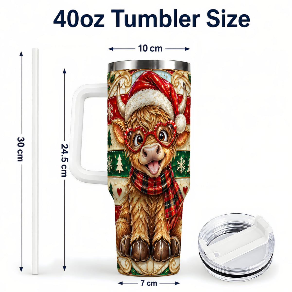 #pl[40oz|White] Christmas Highland Cow 40oz Tumbler with Handle, Festive Travel Cup