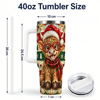 #pl[40oz|White] Christmas Highland Cow 40oz Tumbler with Handle, Festive Travel Cup