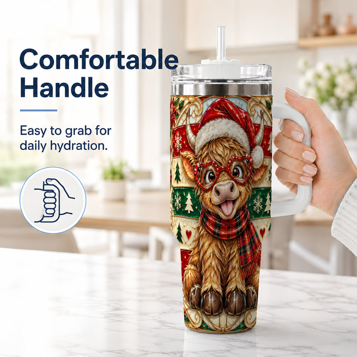 #pl[40oz|White] Christmas Highland Cow 40oz Tumbler with Handle, Festive Travel Cup