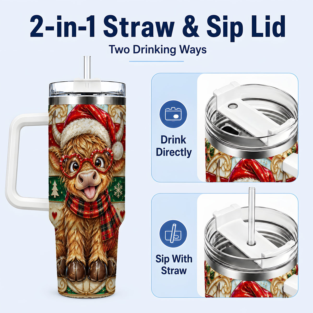 #pl[40oz|White] Christmas Highland Cow 40oz Tumbler with Handle, Festive Travel Cup