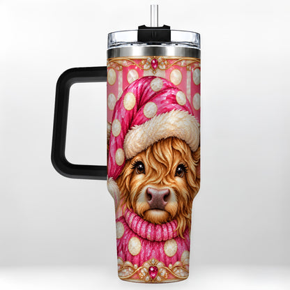 #pl[40oz|Black] Pink Christmas Highland Cow 40oz Tumbler with Handle, Holiday Travel Cup