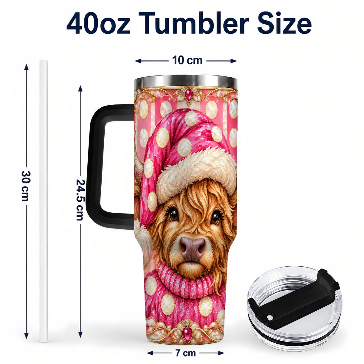 #pl[40oz|Black] Pink Christmas Highland Cow 40oz Tumbler with Handle, Holiday Travel Cup