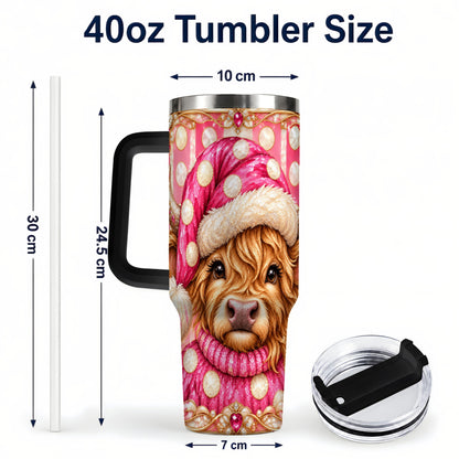 #pl[40oz|Black] Pink Christmas Highland Cow 40oz Tumbler with Handle, Holiday Travel Cup