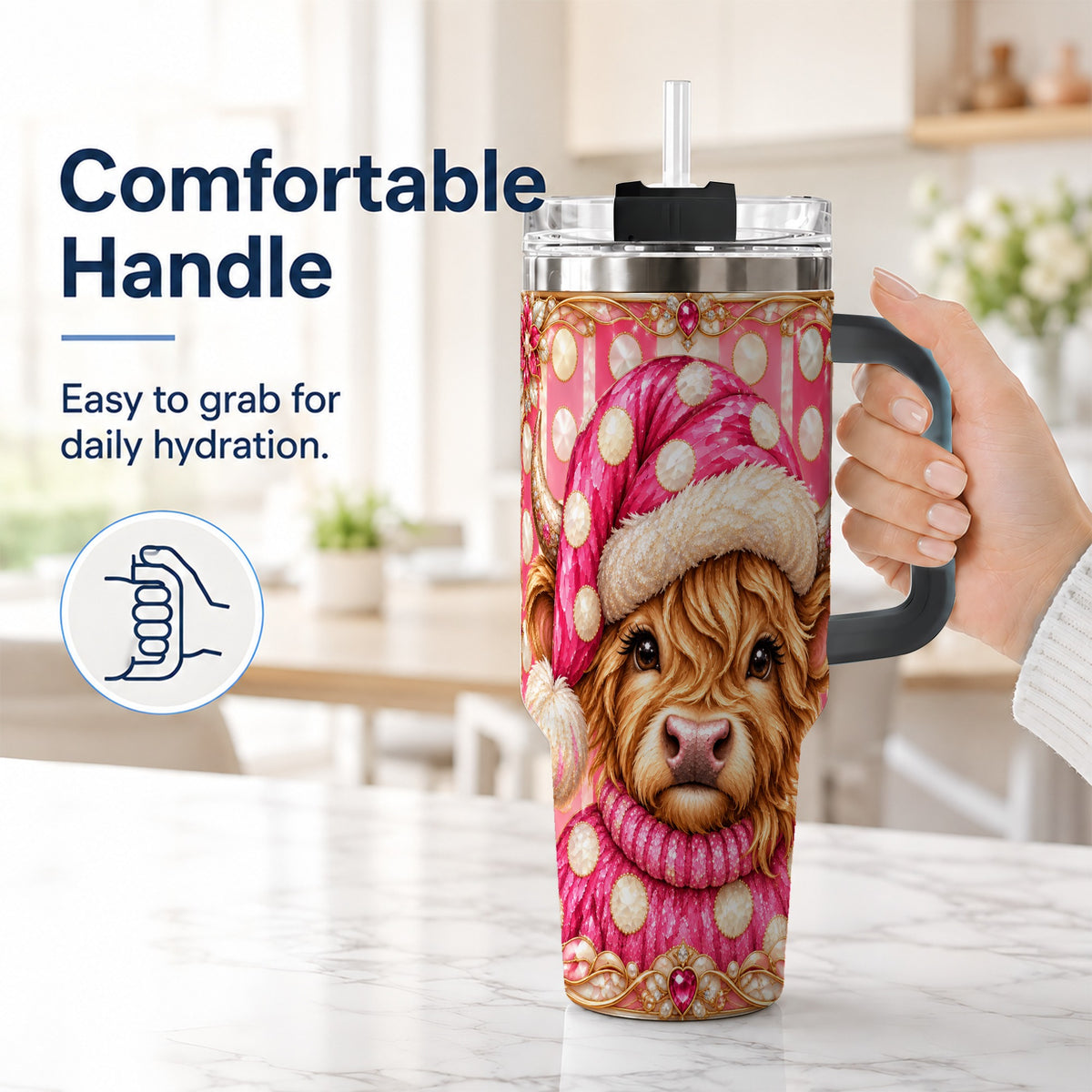 #pl[40oz|Black] Pink Christmas Highland Cow 40oz Tumbler with Handle, Holiday Travel Cup