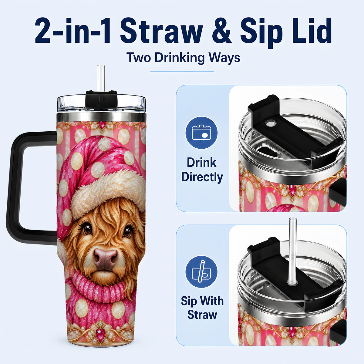 #pl[40oz|Black] Pink Christmas Highland Cow 40oz Tumbler with Handle, Holiday Travel Cup