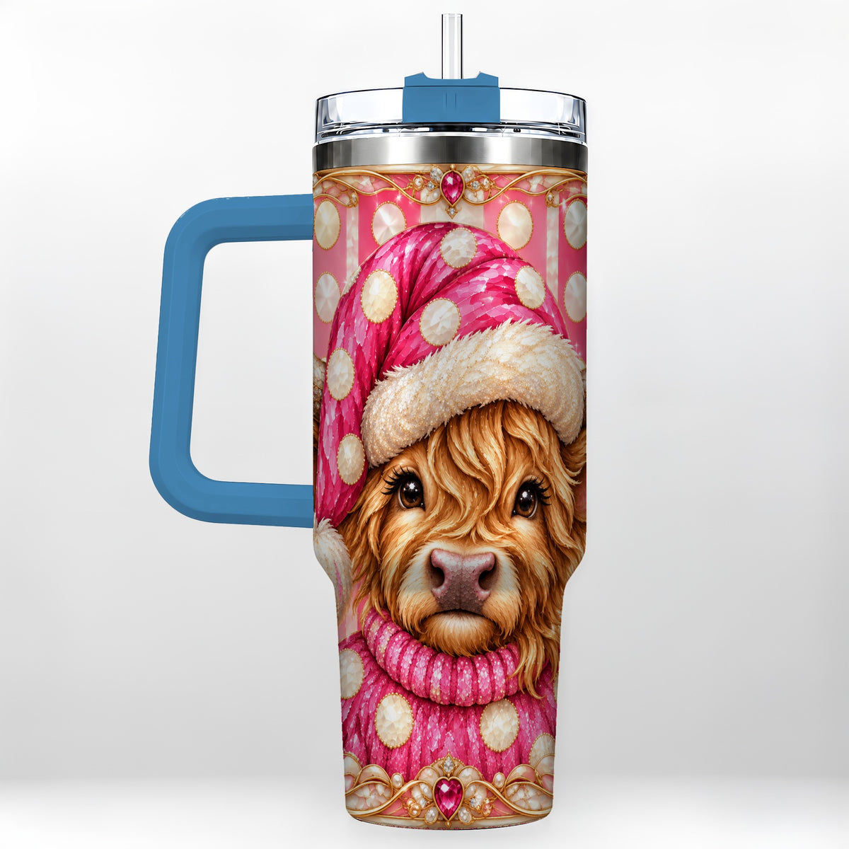 #pl[40oz|Blue] Pink Christmas Highland Cow 40oz Tumbler with Handle, Holiday Travel Cup
