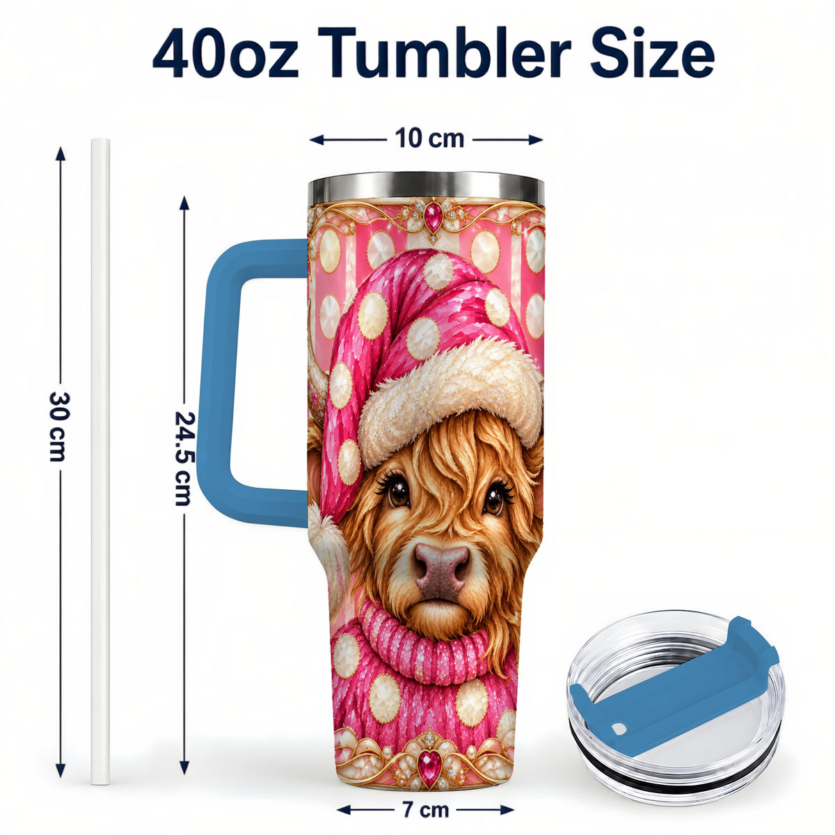 #pl[40oz|Blue] Pink Christmas Highland Cow 40oz Tumbler with Handle, Holiday Travel Cup