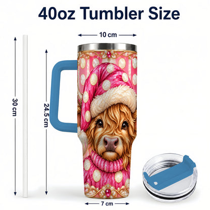 #pl[40oz|Blue] Pink Christmas Highland Cow 40oz Tumbler with Handle, Holiday Travel Cup