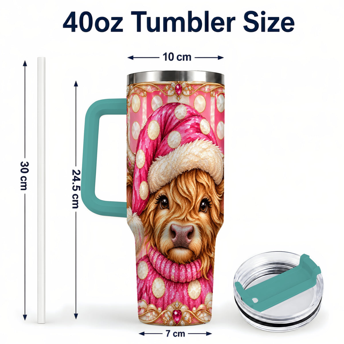 #pl[40oz|Green] Pink Christmas Highland Cow 40oz Tumbler with Handle, Holiday Travel Cup