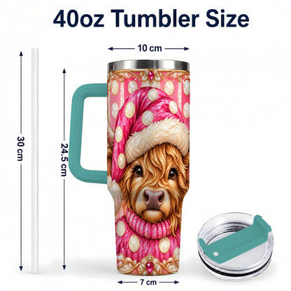 #pl[40oz|Green] Pink Christmas Highland Cow 40oz Tumbler with Handle, Holiday Travel Cup