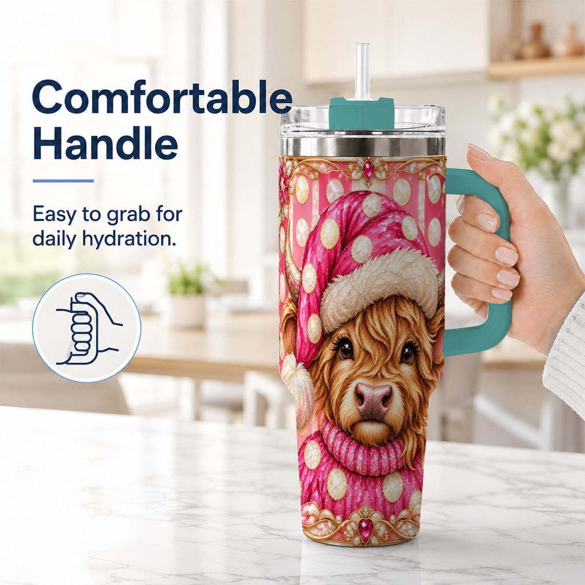 #pl[40oz|Green] Pink Christmas Highland Cow 40oz Tumbler with Handle, Holiday Travel Cup