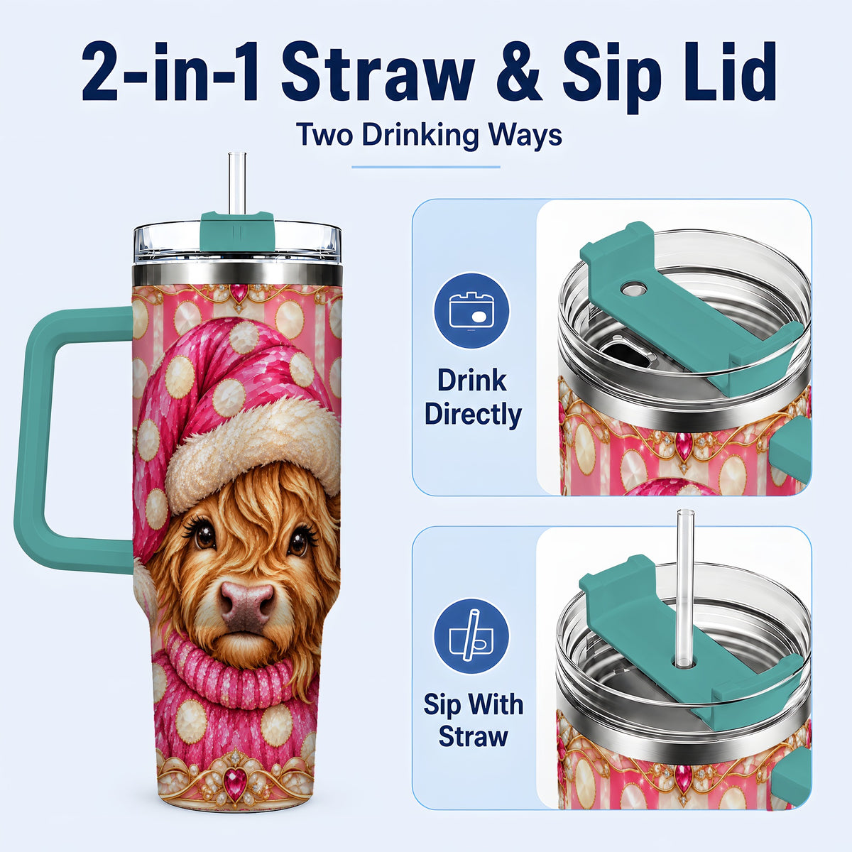 #pl[40oz|Green] Pink Christmas Highland Cow 40oz Tumbler with Handle, Holiday Travel Cup