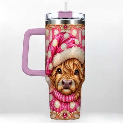 #pl[40oz|Pink] Pink Christmas Highland Cow 40oz Tumbler with Handle, Holiday Travel Cup