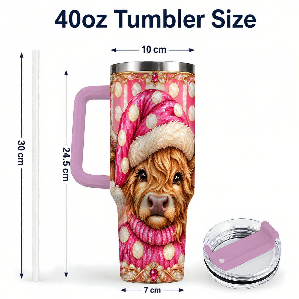 #pl[40oz|Pink] Pink Christmas Highland Cow 40oz Tumbler with Handle, Holiday Travel Cup