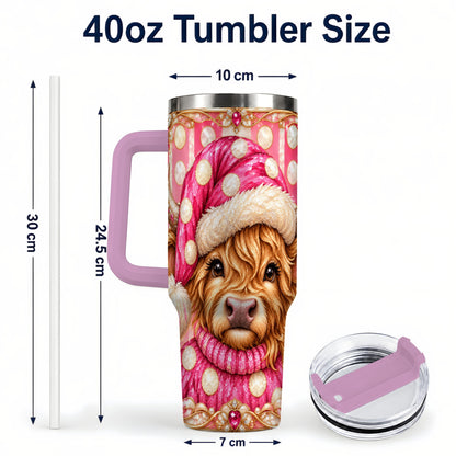 #pl[40oz|Pink] Pink Christmas Highland Cow 40oz Tumbler with Handle, Holiday Travel Cup