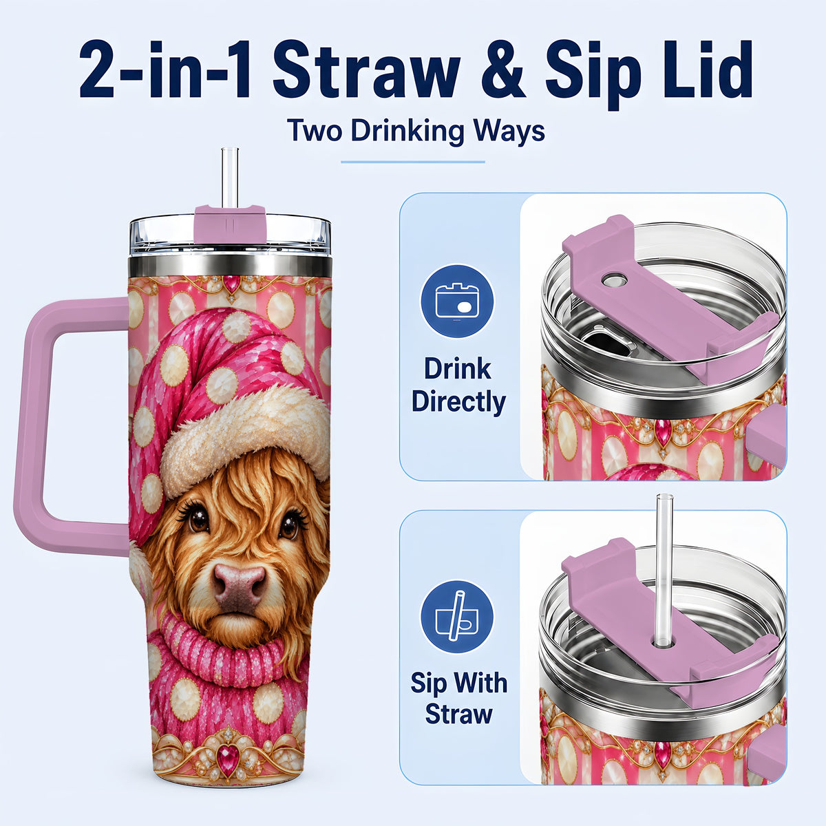 #pl[40oz|Pink] Pink Christmas Highland Cow 40oz Tumbler with Handle, Holiday Travel Cup